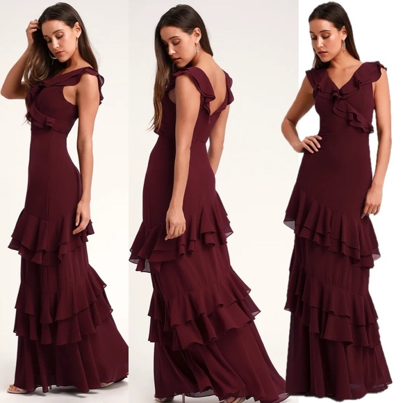 Lulus Dresses & Skirts - Lulu’s Majesty Burgundy Ruffled Salsa V-Neck Flutter StrapsMaxi Dress Size 1x